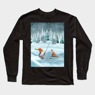 Nordic gnome and red fox fishing winter watercolor illustration. Scandinavian gnome on snowy landscape. Fantasy winter forest. Long Sleeve T-Shirt